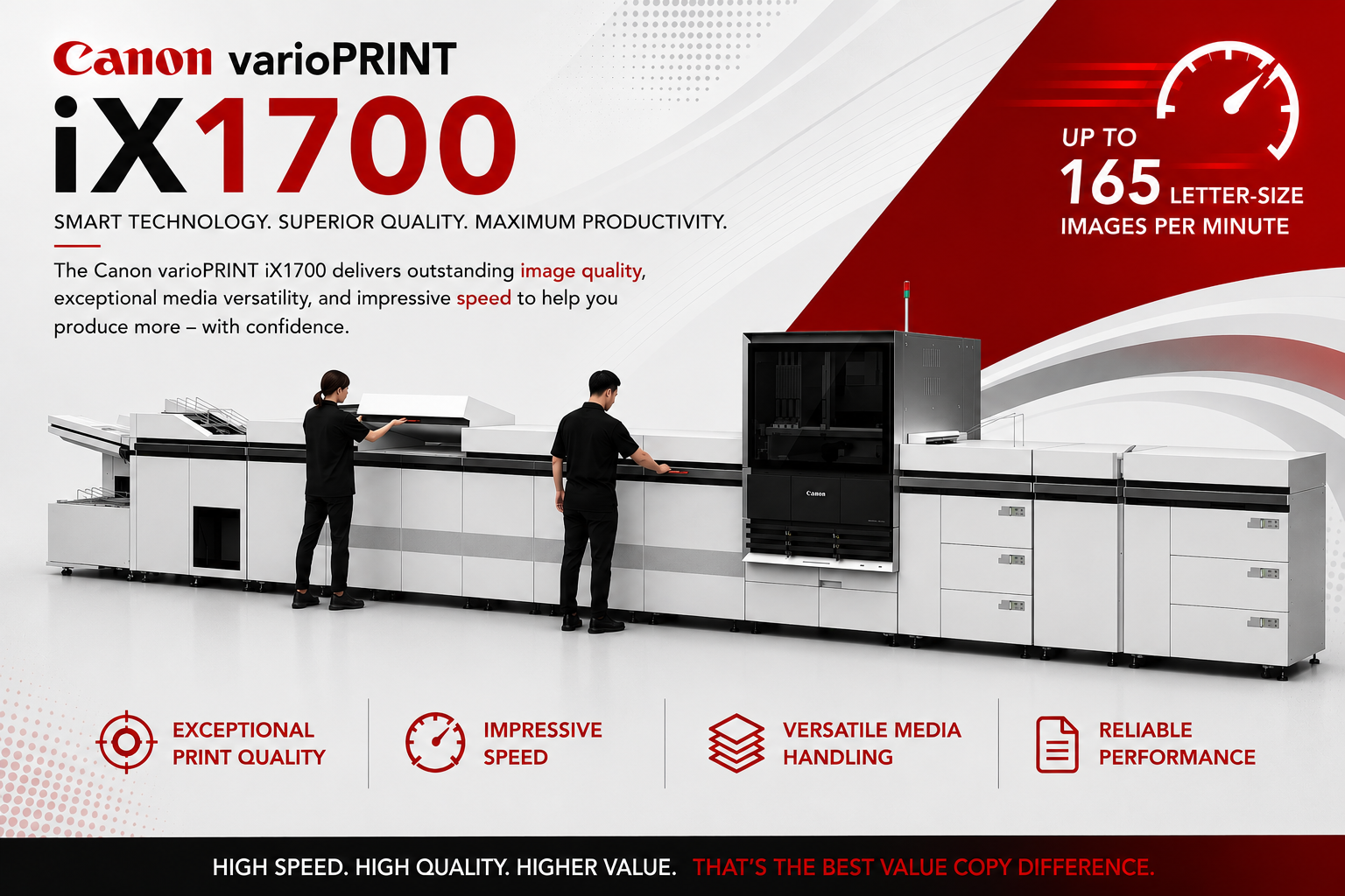 Canon varioPRINT iX1700 high-speed production inkjet press used by Best Value Copy for professional-quality color printing and fast online print production.