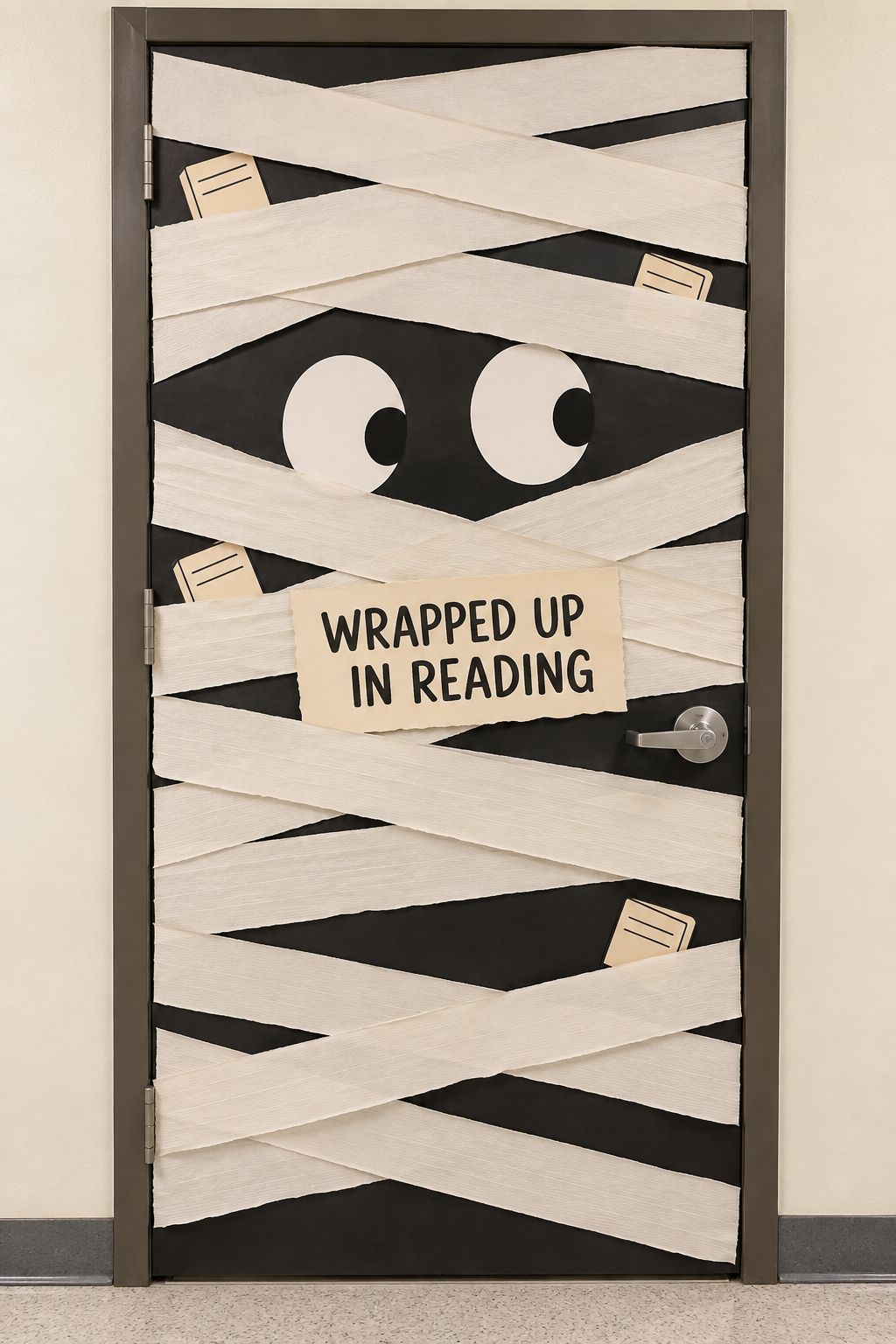 Friendly giant mummy classroom-door concept made with broad paper bandages and oversized eyes.