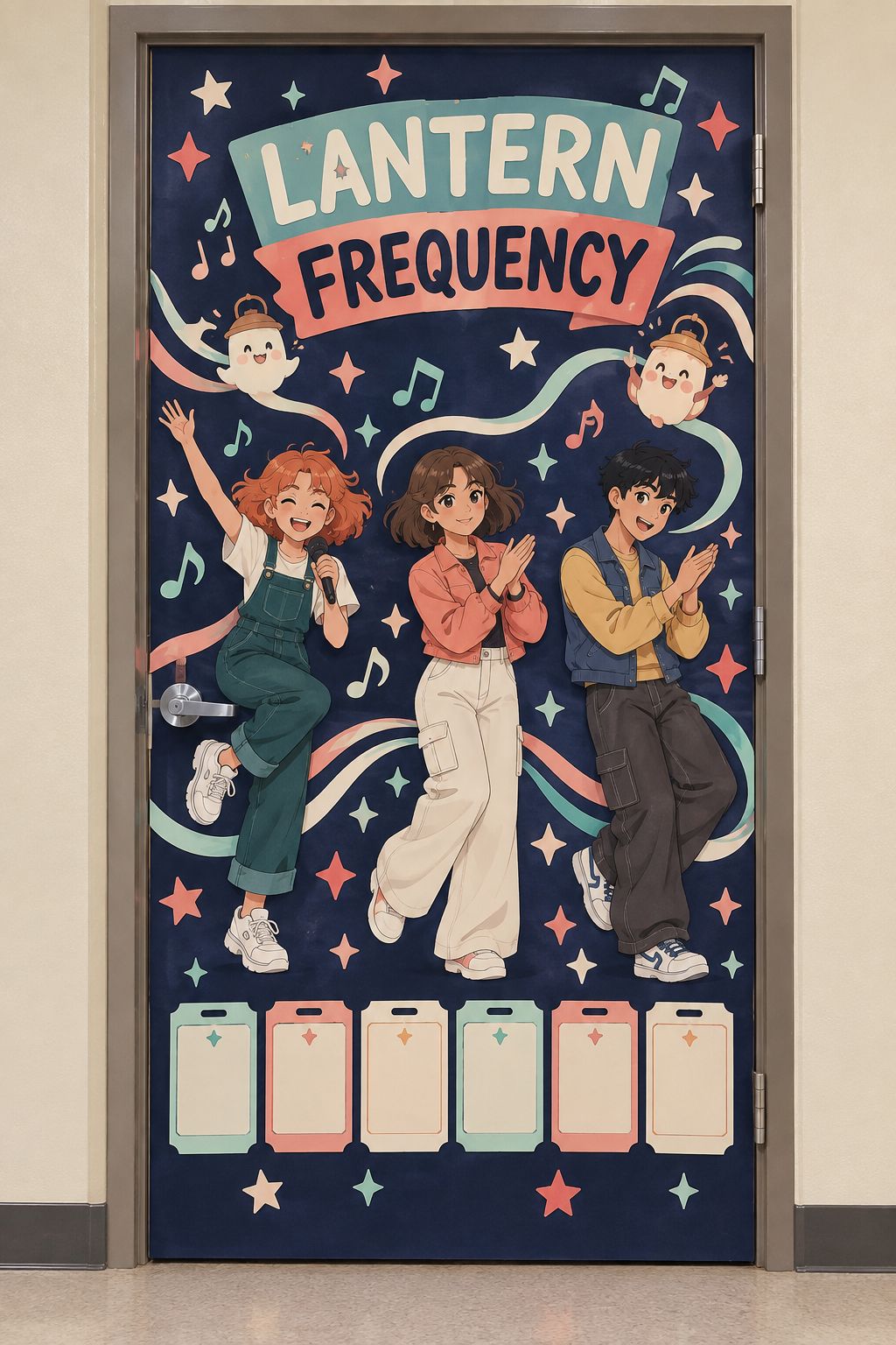 Original Lantern Frequency music heroes with paper sound waves, friendly sprites, and blank backstage passes.