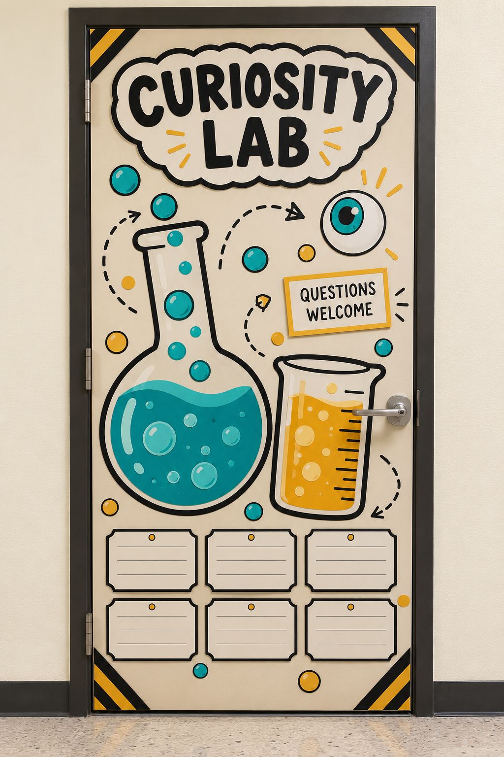 Curiosity Lab classroom-door concept with printed beakers, paper bubbles, and student question cards.