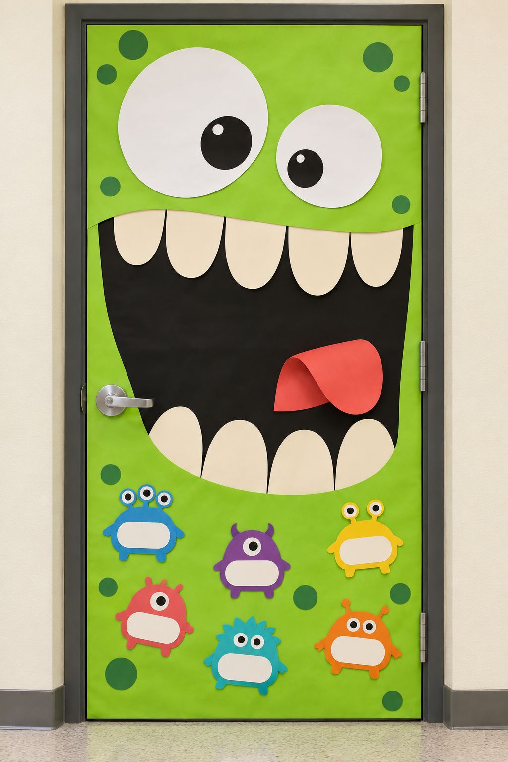Green classroom-door monster with oversized eyes, paper teeth, and colorful student monster cards.